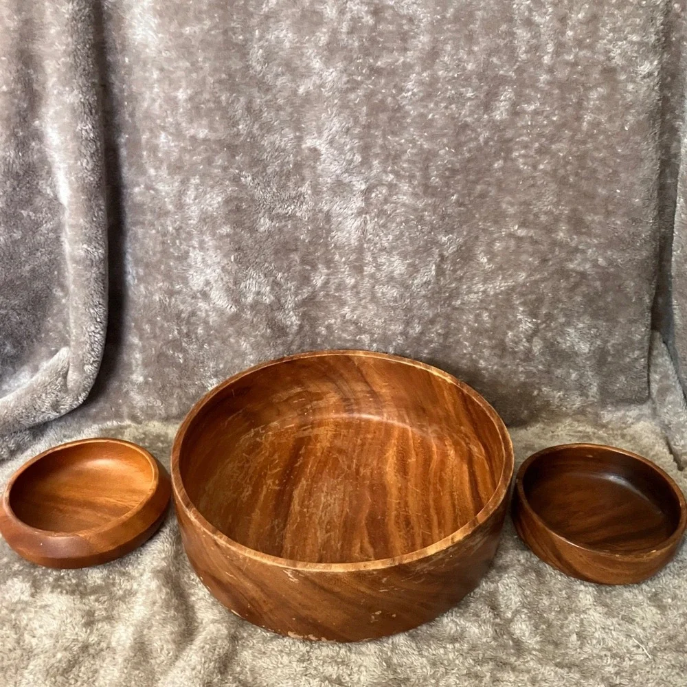 Salad Bowl Set OS Brown Wood 3 Piece Vintage MCM Serving Bowls